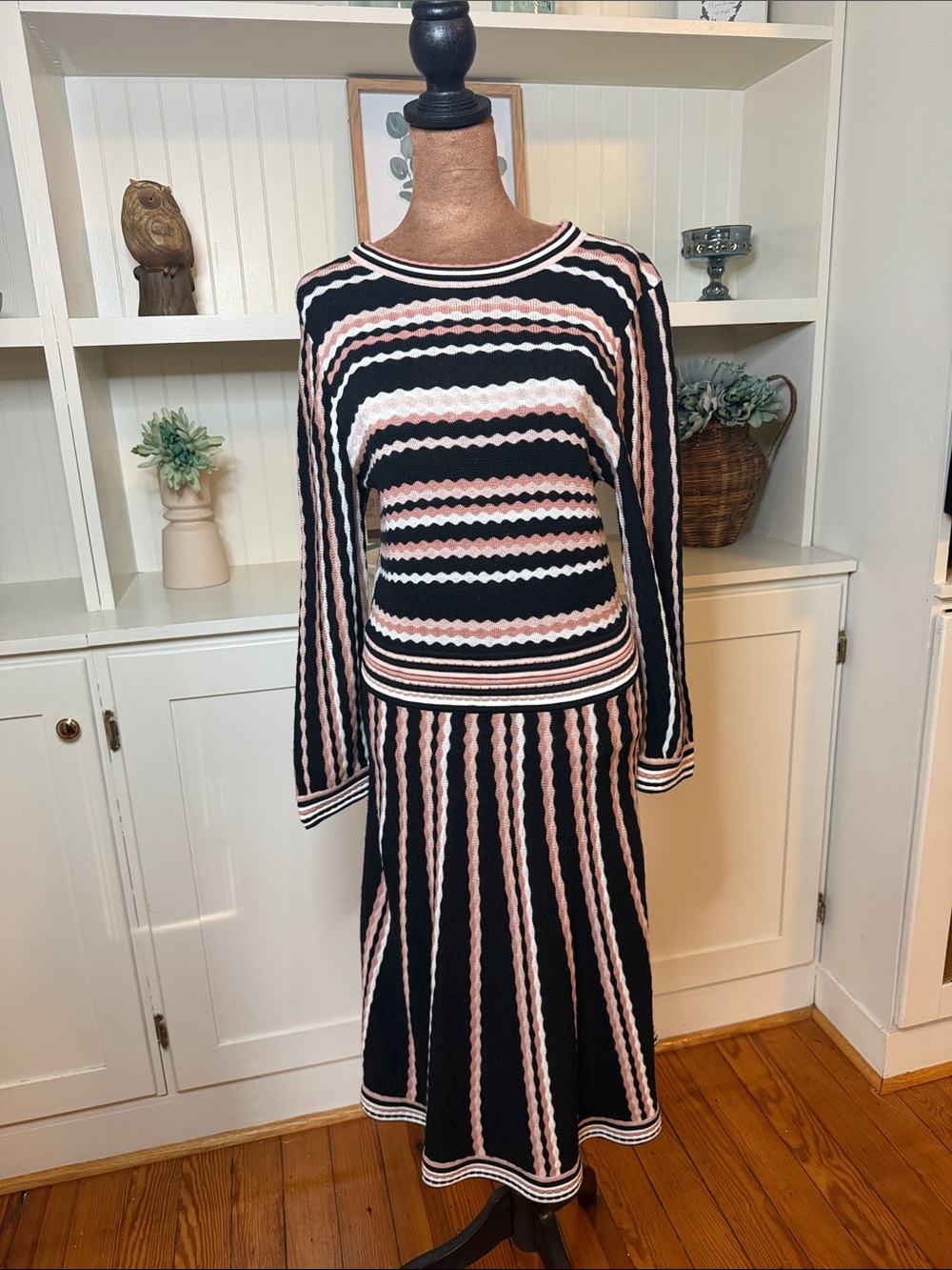 kate spade Black and Pink Striped Long Sleeve Knit Dress